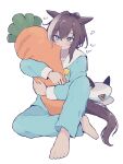  1girl animal_ears barefoot blue_eyes blue_pajamas blush brown_hair cheval_grand_(umamusume) closed_mouth gradient_hair highres holding holding_stuffed_toy horse_ears horse_girl horse_tail looking_at_viewer multicolored_hair pajamas rjsn short_hair simple_background sitting solo stuffed_carrot stuffed_toy tail umamusume white_background white_hair 