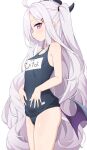  1girl absurdres ahoge bare_arms bare_legs bare_shoulders black_one-piece_swimsuit blue_archive breasts closed_mouth clothes_writing cowboy_shot hands_on_own_stomach hayana_neru highres hina_(blue_archive) light_blush long_hair old_school_swimsuit one-piece_swimsuit profile purple_eyes purple_hair school_swimsuit simple_background small_breasts solo standing swimsuit thighs very_long_hair white_background 