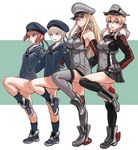  bare_shoulders bismarck_(kantai_collection) blonde_hair cancan_dance clothes_writing commentary dancing detached_sleeves green_eyes grey_hair gufu_(guffuumu) hat impossible_clothes kantai_collection kneehighs leg_up multiple_girls peaked_cap pink_hair prinz_eugen_(kantai_collection) sailor_hat thighhighs twintails uniform z1_leberecht_maass_(kantai_collection) z3_max_schultz_(kantai_collection) 