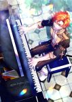  1boy boots fire_emblem fire_emblem:_three_houses garreg_mach_monastery_uniform grand_piano highres instrument koutei_penko on_piano orange_hair piano sitting sleeves_rolled_up solo sylvain_jose_gautier white_footwear 