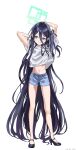  1girl absurdly_long_hair absurdres alternate_costume aris_(blue_archive) black_footwear black_hair blue_archive blue_eyes bright_pupils commentary denim denim_shorts full_body halo high_heels highres long_hair midriff navel ohw8g one_side_up shirt shorts solo very_long_hair white_pupils white_shirt 
