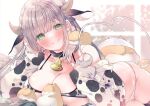  1girl animal_costume animal_ears animal_print bare_shoulders bell bikini blush breasts cleavage cow_costume cow_ears cow_girl cow_horns cow_print cow_print_bikini cow_tail cowbell fake_horns grey_hair hololive horns large_breasts long_hair looking_at_viewer moo_(umineko) neck_bell official_alternate_hair_length official_alternate_hairstyle open_mouth pop_(shirogane_noel) print_bikini shirogane_noel solo swimsuit tail virtual_youtuber 