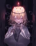  1girl bandaid blonde_hair candle closed_eyes commentary_request crossed_bangs double-parted_bangs hair_ornament holding medium_hair mizuhashi_parsee open_mouth pointy_ears robe solo touhou v white_robe wide_sleeves yumeno_ruruka 