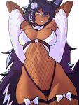  1girl ;) ;p animal_ears arms_up ass_visible_through_thighs bow bowtie breasts commentary cowboy_shot dark_skin distr english_commentary fishnets fox_ears groin highres large_breasts leotard long_hair looking_at_viewer one_eye_closed original purple_bow purple_eyes purple_hair simple_background smile solo standing tongue tongue_out very_long_hair white_background white_bow white_bowtie 