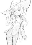  1girl bow breasts cleavage closed_mouth collarbone constanze_amalie_von_braunschbank-albrechtsberger covered_navel cowboy_shot cowlick domdom fishnets greyscale hair_bow hat hatching_(texture) highleg highleg_leotard jacket leotard linear_hatching lineart little_witch_academia long_hair long_sleeves looking_at_viewer monochrome open_clothes open_jacket ponytail simple_background small_breasts smile solo thick_eyebrows thigh_gap white_background witch_hat 