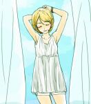  1girl armpits arms_up blonde_hair closed_eyes closed_mouth curtains dress facing_viewer fire_emblem saichi_(meme+) short_dress solo tokyo_mirage_sessions_fe upper_body yumizuru_eleanora 