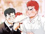  2boys black_hair black_suit blush bow bowtie cake cake_slice closed_eyes confetti corsage couple eating feeding food food_on_face highres holding holding_spoon husband_and_husband male_focus mito_youhei multiple_boys nongdon pompadour red_hair sakuragi_hanamichi short_hair slam_dunk_(series) spoon suit wedding white_suit yaoi 