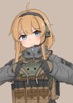  1girl absurdres ahoge blonde_hair blue_eyes blush claymore_(mine) english_commentary english_text explosive gloves hair_between_eyes headset highres holding holding_weapon indie_virtual_youtuber long_sleeves looking_at_viewer magazine_(weapon) microphone military mine_(weapon) plate_carrier sidelocks smile srtdrawart tactical_clothes upper_body virtual_youtuber weapon whiskey_project 