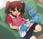 bike_shorts blush brown_hair couch gloves green_eyes looking_at_viewer open_mouth panties saru_getchu sayaka_(saru_getchu) short_twintails shorts shorts_pull shorts_under_skirt sitting skirt skirt_lift solo stuffed_animal stuffed_bunny stuffed_toy stupa13a sweatdrop twintails underwear 
