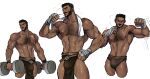  1boy abs bandaged_hand bandages beard black_hair brown_hair bulge castlevania:_nocturne castlevania_(series) clenched_hands cropped_jacket dark-skinned_male dark_skin dumbbell facial_hair full_beard hairy highres jackray85674939 large_pectorals male_focus mature_male mizrak_(castlevania) muscular muscular_male navel navel_hair nipples pectorals pelvic_curtain punching short_hair sparse_arm_hair sparse_leg_hair sparse_navel_hair standing stomach sweat thick_chest_hair thick_eyebrows thick_mustache thick_thighs thighs topless_male very_short_hair very_sweaty 