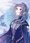  1girl :o artist_name blue_cape blue_dress blue_hair brown_eyes cape commentary_request dress eyelashes fire_emblem fire_emblem:_three_houses fire_emblem_warriors:_three_hopes gold_trim highres long_hair looking_up marianne_von_edmund parted_lips solo twitter_username wavy_hair yutohiroya 