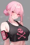  1girl absurdres black_tank_top bluefield blunt_bangs blush breasts crop_top hair_bun highres hololive hololive_english large_breasts long_hair looking_at_viewer mori_calliope open_mouth pink_eyes pink_hair simple_background solo sweat tank_top upper_body virtual_youtuber 