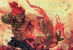  1boy abs akuma_(street_fighter) beads cowboy_shot dark-skinned_male dark_skin dougi fire heyjay incoming_attack male_focus navel nipples prayer_beads pyrokinesis red_eyes red_hair solo standing street_fighter thick_eyebrows topless_male 