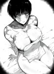  1girl absurdres breasts burn_scar covering_privates from_above greyscale highres jujutsu_kaisen large_breasts monochrome nude_cover scar scar_on_arm scar_on_chest scar_on_leg short_hair simple_background sitting solo towel zen&#039;in_maki zovokia 