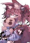  1girl animal_ear_fluff animal_ears arknights artist_name burnt_clothes covering_face cross diamond-shaped_pupils diamond_(shape) fox_ears fox_girl hair_ornament holding holding_stuffed_toy hug hugging_object itoh_yamori knife knot long_sleeves looking_at_viewer medium_hair purple_eyes purple_hair shamare_(arknights) solo strap stuffed_toy stuffed_wolf symbol-shaped_pupils toy_knife twintails upper_body white_background 
