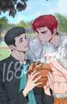  168broccoli 2boys abs ball basketball_(object) black_hair clothes_lift dappled_sunlight day eye_contact gakuran highres holding holding_ball looking_at_another male_focus mito_youhei multiple_boys navel outdoors pompadour pulled_by_self red_hair sakuragi_hanamichi school_uniform shirt_lift short_hair slam_dunk_(series) smile sunlight sweat upper_body watermark wiping_face 