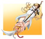  1girl anila_(granblue_fantasy) ankh_necklace barefoot belt black_gloves blonde_hair blush bodysuit border breasts cleavage cosplay eiji_(eiji) feet front_slit gloves granblue_fantasy granblue_fantasy_versus:_rising guilty_gear guilty_gear_strive highres holding holding_polearm holding_weapon horns jack-o&#039;_valentine jack-o&#039;_valentine_(cosplay) large_breasts long_hair open_mouth polearm sheep_girl sheep_horns solo spear weapon white_bodysuit white_border 