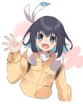  16bit_sensation 1girl akisato_konoha black_hair blue_eyes blue_hair blush coat commentary_request cropped_torso fur_collar hair_ornament ito_noizi multicolored_hair open_mouth short_hair sketch smile solo two-tone_hair waving 