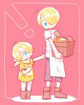  ! 2boys :o aged_down ahoge apron bandana blonde_hair blue_eyes boots box brown_footwear carrot chef clothes_pull commentary crying curly_eyebrows food frown full_body hair_over_one_eye holding holding_box long_bangs looking_down looking_up male_focus mob0322 multiple_boys one_piece pants red_background sanji_(one_piece) shirt short_hair simple_background t-shirt tears time_paradox vegetable waist_apron white_pants yellow_bandana yellow_shirt 