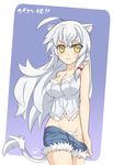  ahoge animal_ears bare_shoulders braid breasts cat_ears cat_tail cleavage denim denim_shorts dog_days large_breasts leonmitchelli_galette_des_rois lo_xueming long_hair panties shorts single_braid smile solo tail underwear white_hair white_panties yellow_eyes 