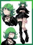  arms_crossed between boots clothes collar curled_up_hair emerald_eyes fullbody gothic green_hair highres jacket non-web_source open piercing punkish ribbon skirt thigh-highs white_background 