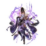  1boy between_fingers boots brown_eyes brown_hair full_body gloves gran_(granblue_fantasy) granblue_fantasy hat holding holding_sword holding_weapon katana official_alternate_costume official_art ofuda ofuda_between_fingers onmyouji purple_robe robe sheath solo sword tassel third-party_source transparent_background veil weapon 