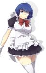  1girl beach blue_eyes blue_hair bow breasts eyepatch gloves ikkitousen large_breasts looking_at_viewer maid medical_eyepatch murata_tefu open_mouth ryomou_shimei short_hair simple_background solo standing thighhighs white_background white_gloves white_thighhighs 