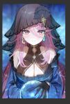  1girl bare_shoulders black_gloves breasts cleavage collarbone crystal_ball earrings gloves heaven_burns_red jewelry large_breasts long_hair multicolored_eyes pink_eyes pink_hair sakuraba_seira sidelocks solo sonchi veil witch 