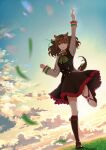  1girl absurdres animal_ears arm_up black_dress blurry blurry_foreground boots bow bowtie brown_eyes brown_footwear brown_hair buttons closed_mouth cloud dress ear_covers falling_leaves field frilled_dress frills full_body grass green_bow green_bowtie heel_up highres himmel_gewalt holding holding_trophy horizon horse_ears horse_girl horse_tail leaf long_sleeves looking_at_viewer medium_hair nice_nature_(umamusume) o-ring outdoors red_bow red_bowtie shirt sky smile standing standing_on_one_leg sunlight sunset tail tail_raised trophy twintails two-tone_bowtie umamusume white_shirt 