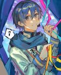  1boy blue_eyes blue_hair blue_nails blue_scarf curtains happy headset highres holding jacket kaito_(vocaloid) long_sleeves looking_at_viewer male_focus musical_note nidu_(2du_du) scarf short_hair smile speech_bubble spoken_musical_note streamers vocaloid 