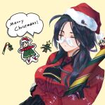  1girl ar-18_(girls&#039;_frontline) black_hair black_necktie character_request cloak closed_eyes closed_mouth girls&#039;_frontline highres long_hair masako_(user_thnr3538) merry_christmas necktie red_cloak red_headwear simple_background sleeping watch 