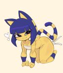 &lt;3 2024 absurd_res all_fours animal_crossing ankha_(animal_crossing) anthro blue_eyes blue_hair blush bob_cut bottomless butt claws clothed clothing dkajart felid feline female flat_chested fur guide_lines hair hi_res mammal markings nintendo pupils short_hair simple_background smile solo striped_markings striped_tail stripes tail tail_markings thick_thighs white_pupils wide_hips yellow_background yellow_body yellow_fur