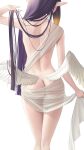  1girl absurdres ass english_commentary from_behind highres holding holding_hair hololive hololive_english long_hair low_wings ninomae_ina&#039;nis nude pointy_ears purple_hair shawl simple_background solo somebody_(leiking00) standing very_long_hair virtual_youtuber white_background wings 