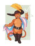 absurd_res anthro belt boots clothing domestic_cat dreamworks felid feline felis flag footwear fur green_eyes hat headgear headwear hi_res lgbt_pride looking_at_viewer male mammal mastectomy_scar one_eye_closed open_mouth orange_body orange_fur pawpads pride_color_flag pride_colors puss_in_boots_(character) puss_in_boots_(dreamworks) scar simple_background smile snapping_fingers solo soloemi3 standing tabby_cat transgender_pride_colors visibly_trans wearing_flag wink
