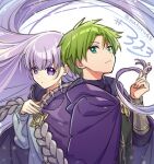  1boy 1girl absurdres blue_eyes cape closed_mouth fire_emblem fire_emblem:_the_binding_blade green_hair highres holding_another&#039;s_hair juria0801 long_hair long_sleeves looking_at_viewer purple_cape purple_eyes purple_hair raigh_(fire_emblem) short_hair sophia_(fire_emblem) twitter_username upper_body very_long_hair white_background 