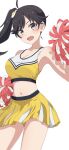 1girl absurdres ahoge araragi_karen armpits bare_shoulders black_eyes black_hair breasts camui1104 cheerleader cleavage commentary cowboy_shot crop_top egg_hair_ornament food-themed_hair_ornament hair_ornament hand_up highres holding holding_pom_poms large_breasts long_hair looking_at_viewer midriff monogatari_(series) navel open_mouth pleated_skirt pom_pom_(cheerleading) shirt side_ponytail simple_background skirt sleeveless sleeveless_shirt smile solo standing white_background yellow_skirt 