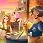  3girls alex_(totally_spies) brazil brick clover_(totally_spies) filipeemerson3 glasses happy highres long_hair looking_at_viewer multiple_girls one_eye_closed paris_saint-germain sam_(totally_spies) selfie short_hair slums soccer_uniform sportswear tongue tongue_out totally_spies 