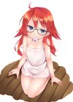  ahoge binsen blue_eyes blush character_request condom condom_in_mouth glasses highres long_hair looking_at_viewer mouth_hold nakahara-kun_no_kahogo_na_imouto red_hair sitting solo strap_slip wariza 