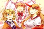  :d ^_^ arms_up blonde_hair blush bow bowtie breasts brown_hair closed_eyes dress green_eyes gym_shirt hat horn hoshiguma_yuugi kutsuki_kai lily_white medium_breasts mizuhashi_parsee multiple_girls oni open_mouth orange_hair petals pointy_ears red_eyes robe scarf shirt smile surprised touhou tsurime wavy_mouth white_dress wide_sleeves 