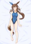  1girl absurdres admire_vega_(umamusume) animal_ears blue_one-piece_swimsuit breasts brown_hair commentary_request covered_navel dakimakura_(medium) ear_covers full_body hair_between_eyes highres horse_ears horse_girl horse_tail long_hair looking_at_viewer low_ponytail lying medium_breasts one-piece_swimsuit purple_eyes seppatsumaru single_ear_cover solo swimsuit tail two-tone_swimsuit umamusume 