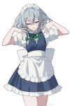  1girl apron back_bow bow bowtie braid collared_dress dress grey_hair hair_bow hands_up highres izayoi_sakuya looking_down looking_to_the_side maid maid_headdress norichiizu open_mouth short_sleeves side_braids solo touhou waist_apron 