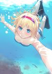  alice_margatroid bikini blonde_hair blue_bikini blue_eyes breasts bubble culter diving flippers freediving hairband holding_breath side-tie_bikini small_breasts smile solo swimming swimsuit touhou underwater 