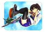  a7m_reppuu aerosmith_(stand) aircraft airplane black_legwear blush brown_eyes brown_hair crossed_legs gloves infinote japanese_clothes jojo_no_kimyou_na_bouken jojo_pose kaga_(kantai_collection) kantai_collection looking_at_viewer mitsubishi_a7m3-j muneate narancia_ghirga parody partly_fingerless_gloves pose revision short_hair side_ponytail single_glove sitting skirt solo thighhighs yugake 