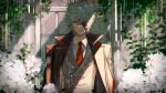  1boy ameno_(ameno_f) animal_ears backless_outfit blue_eyes blurry blurry_background brown_coat closed_mouth coat coat_on_shoulders collared_shirt door erune eyepatch flower granblue_fantasy grey_hair grey_jacket hair_between_eyes hydrangea jacket light_smile long_sleeves looking_at_viewer male_focus necktie nehan_(granblue_fantasy) plant rain red_necktie scar scar_on_back shirt short_hair solo straight-on sunlight tie_clip toned toned_male upper_body vines white_flower white_shirt wolf_boy wolf_ears 