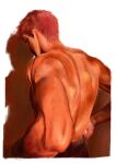  1boy back back_focus clothes_pull highres k05062688 male_focus monochrome pants pants_pull pulled_by_self red_hair red_theme sakuragi_hanamichi shadow short_hair simple_background slam_dunk_(series) solo topless_male upper_body white_background 