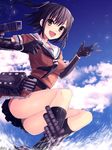  :d bangs brown_eyes brown_hair cloud cloudy_sky elbow_gloves gloves hakusai_ponzu kantai_collection machinery open_mouth panties pleated_skirt school_uniform sendai_(kantai_collection) serafuku short_hair short_twintails skirt sky smile solo splashing striped striped_panties twintails underwear 