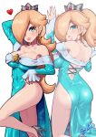  1girl adapted_costume aqua_dress aqua_eyes ass back bare_shoulders blonde_hair blue_eyes blush breasts brooch cleavage collarbone dress earrings flipped_hair from_behind gift hair_over_one_eye half-closed_eyes highres jewelry large_breasts legs long_hair long_sleeves looking_at_viewer looking_back mario_(series) off-shoulder_dress off_shoulder raised_eyebrows rosalina signature solo star_(symbol) star_brooch star_earrings toggy_keiichi 