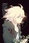  1boy ahoge blood character_name clover clover_(flower) collarbone danganronpa dark_background dhiea eyebrows_visible_through_hair flower four-leaf_clover green_hoodie hair_between_eyes holding holding_flower hood hoodie in_mouth komaeda_nagito messy_hair open_clothes open_hoodie pink_blood shirt simple_background super_danganronpa_2 title upper_body white_shirt 