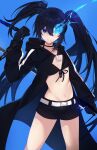  1girl bikini bikini_top_only black_bikini black_choker black_coat black_gloves black_hair black_rock_shooter black_rock_shooter_(character) black_shorts blue_background blue_eyes chain choker closed_mouth coat flaming_eye flat_chest floating_hair front-tie_bikini_top front-tie_top gloves groin hair_between_eyes highres holding holding_sword holding_weapon hood hood_down hooded_coat k-rumi long_hair midriff navel open_clothes open_coat short_shorts shorts simple_background solo standing stomach swimsuit sword very_long_hair watermark weapon 