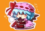  1girl :3 bat_wings blue_hair blush bow chibi commentary dress eating frilled_dress frills hat hat_bow highres jar mob_cap noai_nioshi nori_(seaweed) orange_background pink_dress remilia_scarlet simple_background sitting snort solid_oval_eyes solo sparkle touhou translated v-shaped_eyebrows visible_air wings 